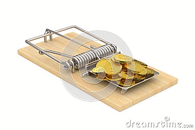 mousetrap and money on white background. Isolated 3d illustration Cartoon Illustration