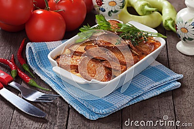 Moussaka dish with potato and chili pepper Stock Photo