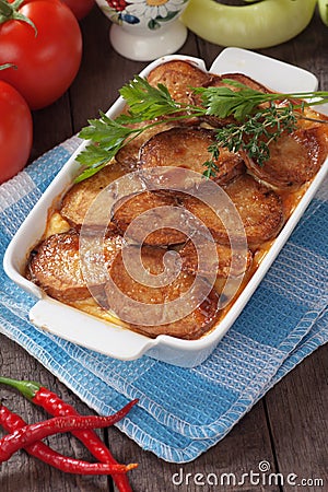 Moussaka dish with potato and chili pepper Stock Photo