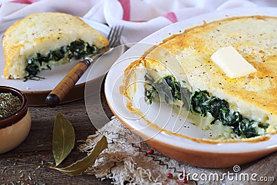 Moussaka. Potato casserole gratin with spinach. Greek cuisine Stock Photo
