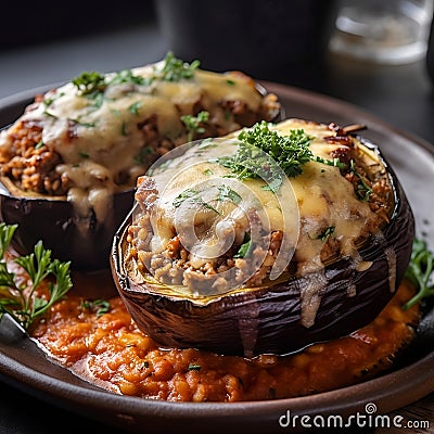 MOUSSAKA STUFFED EGGPLANT CUPS Stock Photo