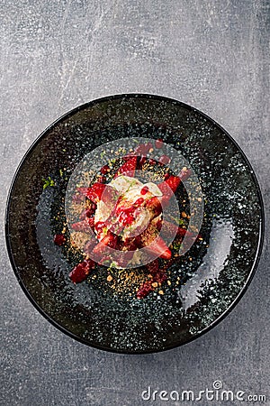 mousse dessert with fresh strawberries, seasonal summer menu Stock Photo