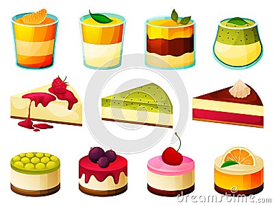 Mousse in glass, jelly cake, souffle or pudding Vector Illustration