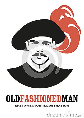 Moustached man, in the old style, with a old hat adorned with feathers Stock Photo