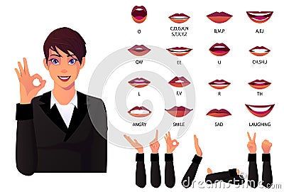 Mouth Animation Set And Lip Sync for Alphabet Businesswoman Pronunciation. Lips Animation with Different Lips Expressions and Vector Illustration