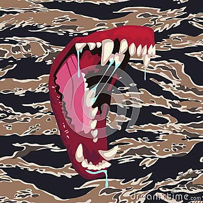 The mouth of a dog or wolf on a camouflage background Vector Illustration