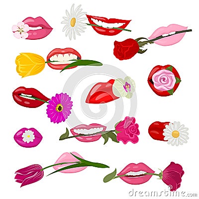 Mouth with flower vector illustration, woman or girl red lips holding rose flowers, icons set on white Vector Illustration