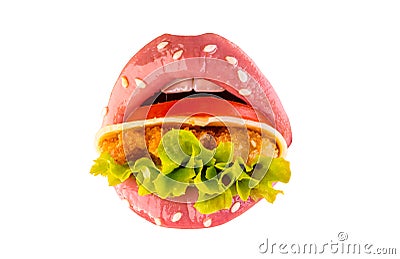 Mouth with food isolated on white background. Vegetables and meat for female diet. Beautiful and tasty dinner in mouth Stock Photo