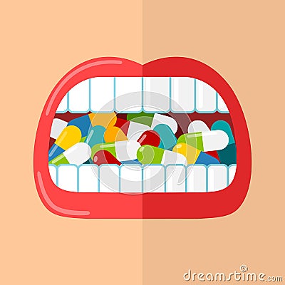 Mouth is full of pills. Vector Illustration