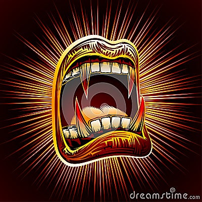 Mouth Open Blood Fang Halloween Vampire Jaws Fang Stamp Print Vector Illustration
