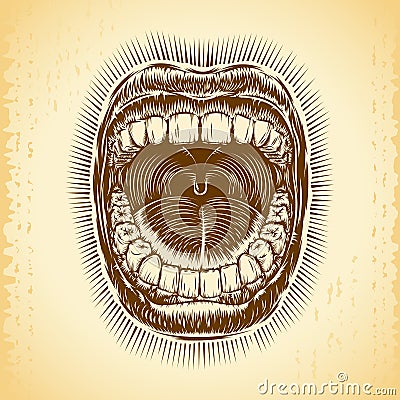 Mouth Open Scream Ink Hand Draw Tattoo Print Beam Vintage Background Vector Illustration