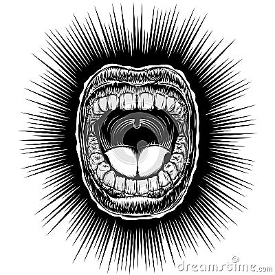 Mouth Open Scream Ink Hand Draw Vintage Monochrome Black Vector Illustration