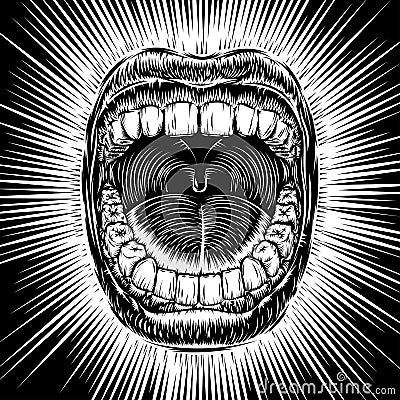 Mouth open scream ink hand draw vintage tattoo print beam Vector Illustration