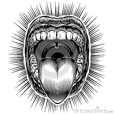 Mouth Open Tongue Scream Vintage Ink Hand Drawing Monochrome Vector Illustration