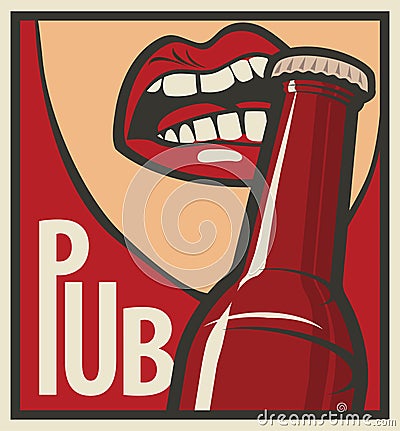 Mouth opens a beer bottle Vector Illustration