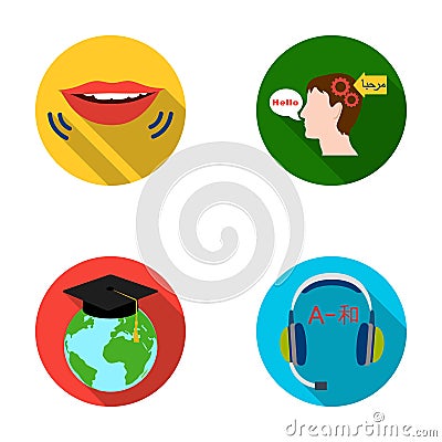 The mouth of the person speaking, the person`s head translating the text, the globe with the master`s cap, the Vector Illustration