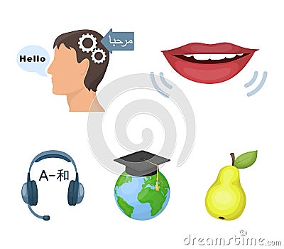 The mouth of the person speaking, the person`s head translating the text, the globe with the master`s cap, the Vector Illustration