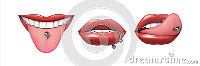 Mouth with piercing. Realistic pierced lips and tongue. 3D metal body jewelry. Isolated face parts set. Bijouterie Vector Illustration