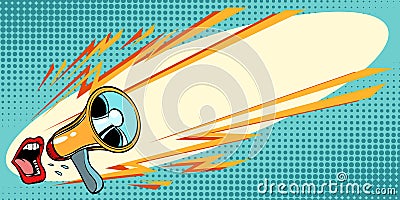 Mouth screaming into a megaphone. Pop art background Vector Illustration