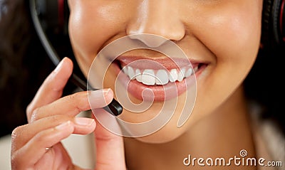 Mouth, smile and person with mic at call center, communication and contact us for tech support. CRM, sales and help desk Stock Photo