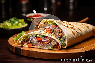 A mouth-watering burrito up close, showcasing its flavorful fillings and tortilla wrap on a plate, Delicious shawarma served on Stock Photo