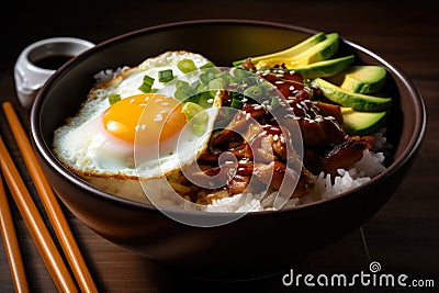 mouth-watering chicken teriyaki donburi bowl with sliced avocado, pickled ginger, and a sunny-side-up egg on top Stock Photo