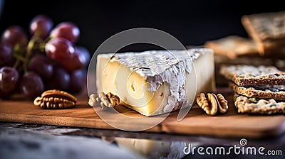 Artisan Cheese on Slate Board with Crackers and Grapes Stock Photo