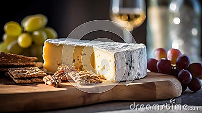 Artisan Cheese on Slate Board with Crackers and Grapes Stock Photo