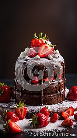 A mouth-watering image of a chocolate cake with fresh strawberries on top, sprinkled with powdered sugar Stock Photo