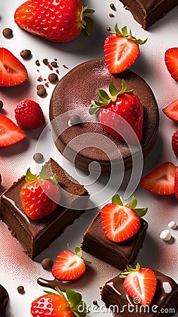 A mouth-watering image of a chocolate cake with fresh strawberries on top, sprinkled with powdered sugar Stock Photo