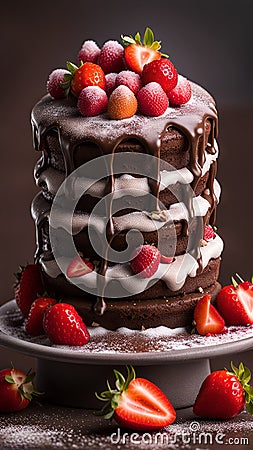 A mouth-watering image of a chocolate cake with fresh strawberries on top, sprinkled with powdered sugar Stock Photo