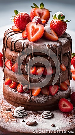 A mouth-watering image of a chocolate cake with fresh strawberries on top, sprinkled with powdered sugar Stock Photo