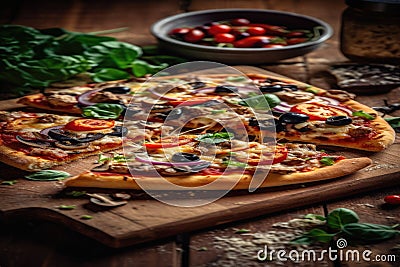 Hearty homemade pizza, loaded toppings, wooden table, inviting, delicious, generative AI Stock Photo