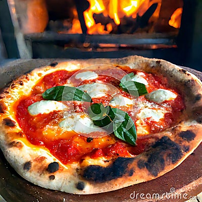 A mouth-watering pizza just out of a wood-fired clay oven, with bubbling cheese and perfectly charred crust. Stock Photo