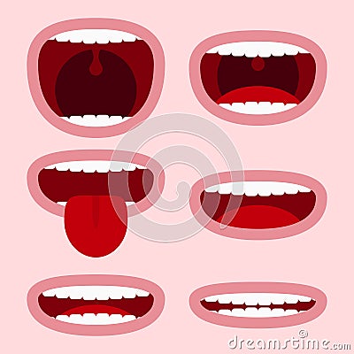 Mouths set with different expressions. Cartoon face elements with emotions - smile, screaming, showing tongue and teeth. Vector. Vector Illustration