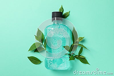 Mouthwash and leaves on mint background Stock Photo