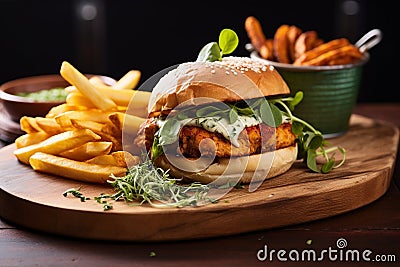 Mouthwatering Burger Grilled Chicken Onions and Watercress. Generative AI Stock Photo