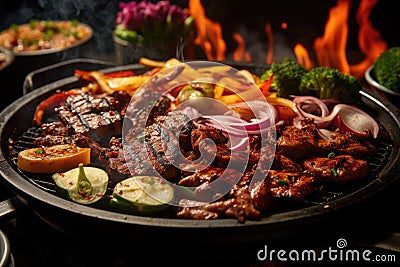 A mouthwatering close up of a grill showcasing a fantastic assortment of grilled meat and vegetables., A sizzling griddle with Stock Photo