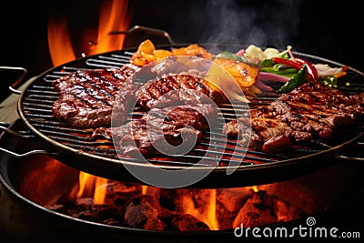 A mouthwatering close up of a grill sizzling with perfectly cooked meat and an assortment of fresh vegetables, The sizzle and Stock Photo