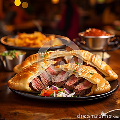 Mouthwatering Close-Up of Sizzling Steak and Vibrant Empanadas on a Grill Stock Photo