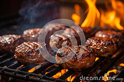 Mouthwatering grilled meat burger patty sizzling and cooking to perfection on a hot pan Stock Photo