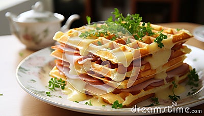 Mouthwatering ham and cheese filled waffles, exquisitely presented and poised for ultimate enjoyment Stock Photo