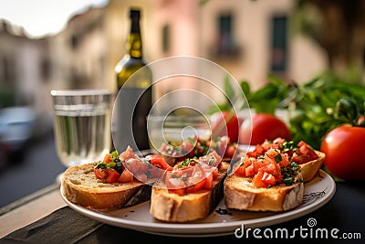 Delicious Bruschetta plate, set against the charming, softly blurred streets of Rome. Stock Photo