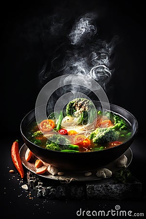 Soul-Warming Hot Steaming Soup Served in Style on a Black Stone Platter. Generative AI Stock Photo