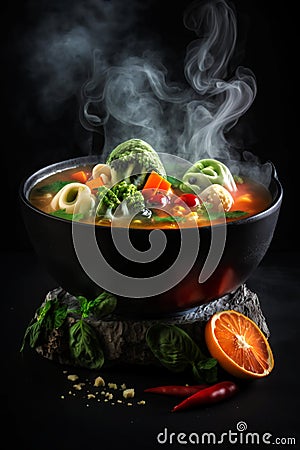 Soul-Warming Hot Steaming Soup Served in Style on a Black Stone Platter. Generative AI Stock Photo
