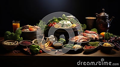 Mouthwatering International Cuisine in Vivid Display. Generative Ai Stock Photo