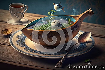 Egg soup in a clay bowl on wooden table Stock Photo