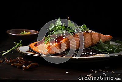 A mouthwatering plate of salmon served with a flavorful sauce and a side of fresh greens, Salmon soy sauce meal served, AI Stock Photo