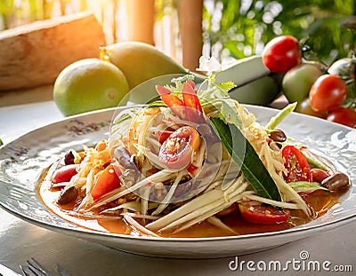 A mouthwatering plate of som tum thai, a classic Thai green papaya salad with a perfect balance of sweet, sour, and spicy flavors Stock Photo