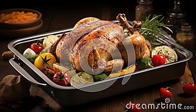 Mouthwatering roast chicken with crispy skin, prepared to perfection in a sizzling pan Stock Photo